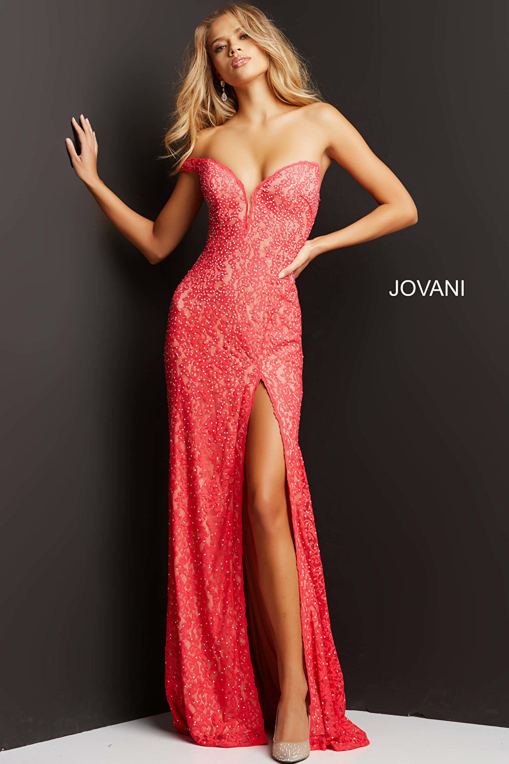 High slit lace Jovani prom dress 08684