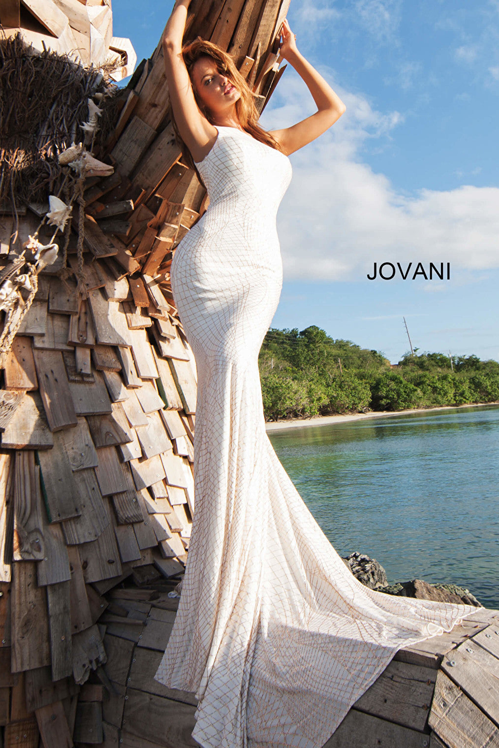 Off white long train prom dress Jovani 1119