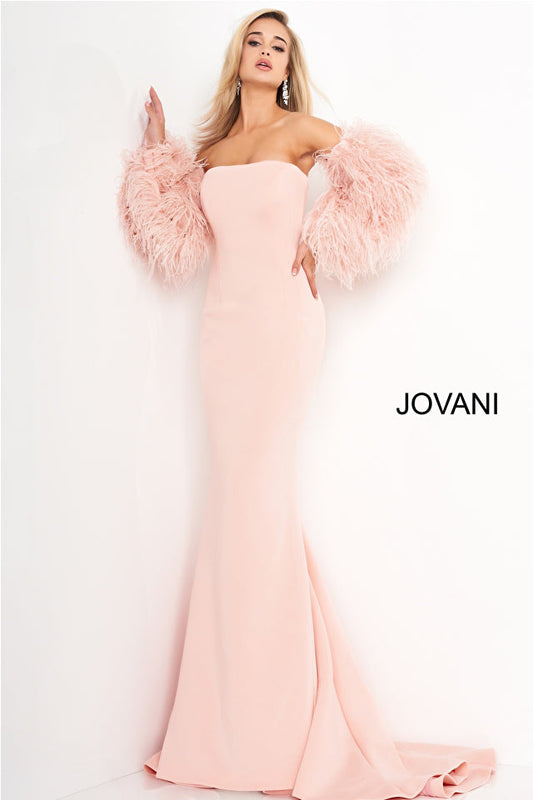 Blush Strapless Fur Sleeves Jovani Gown 1226