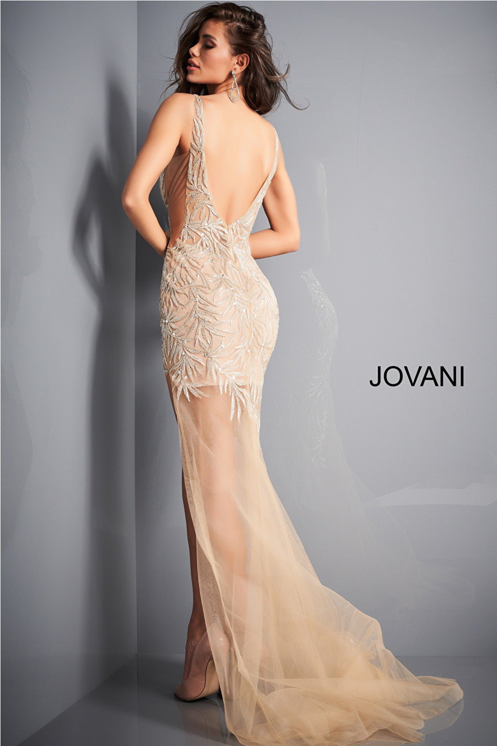 Silver nude beaded prom dress Jovani 1863