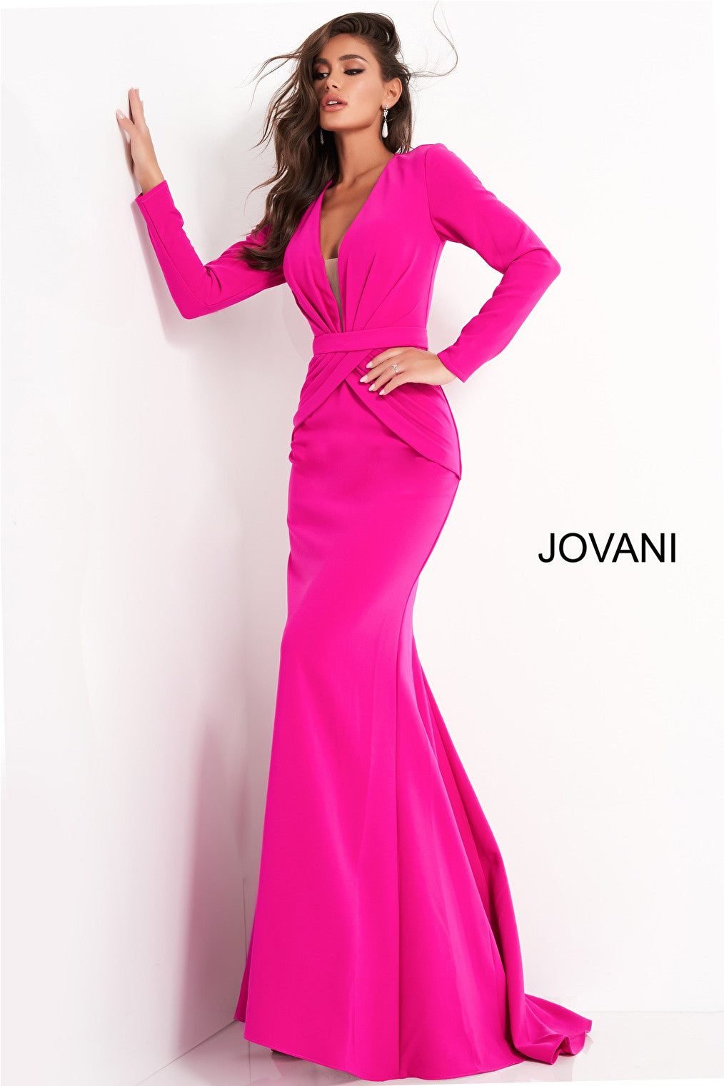 Long sleeve fuchsia crepe mother of the bride Jovani dress 1892