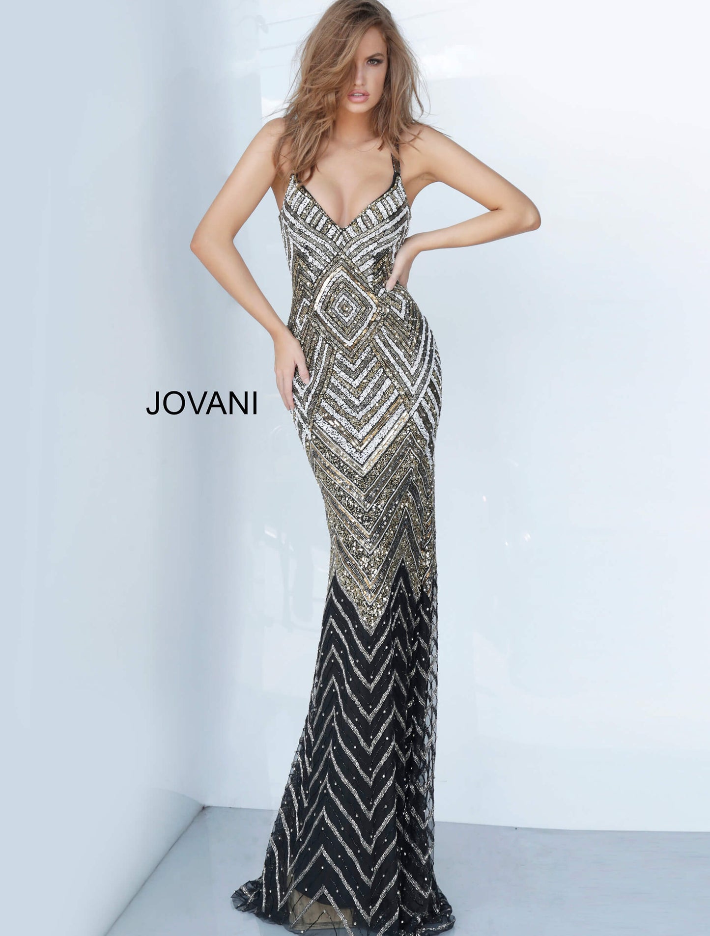 black/white/gold beaded gown 2721