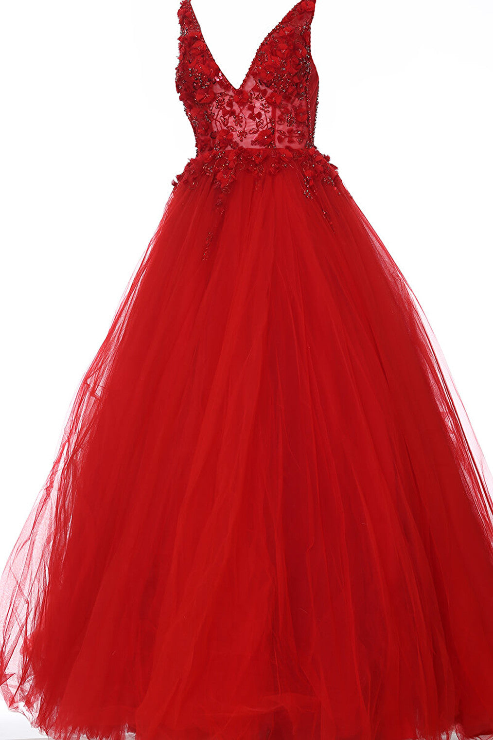 Red V neck embellished ballgown 3110