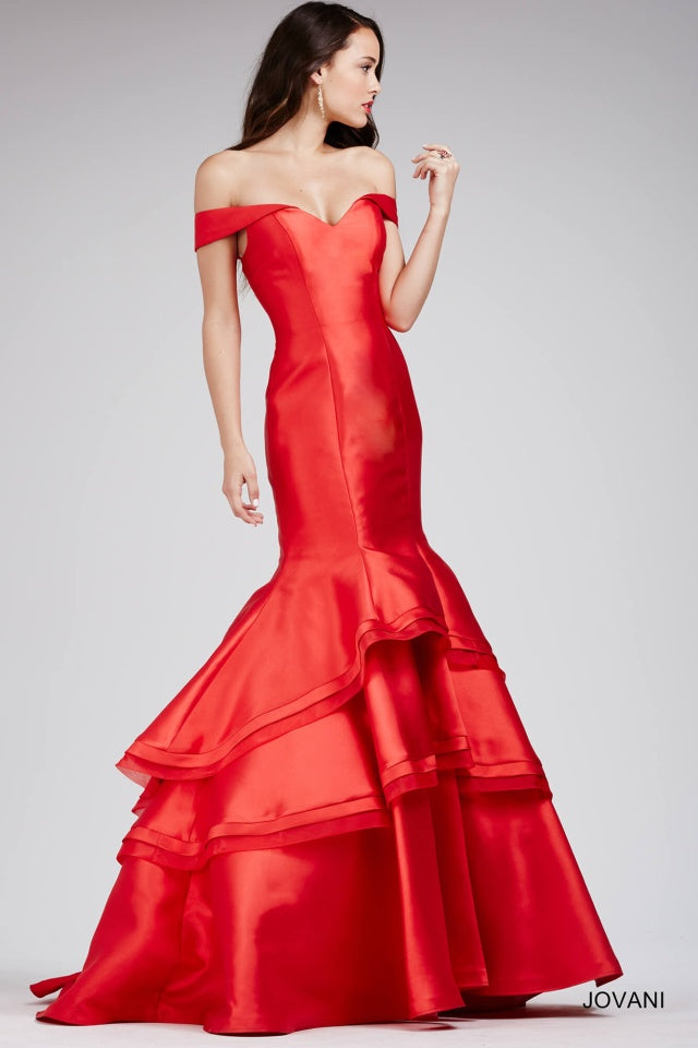 Jovani 31100 Red Fitted Off The Shoulder Prom