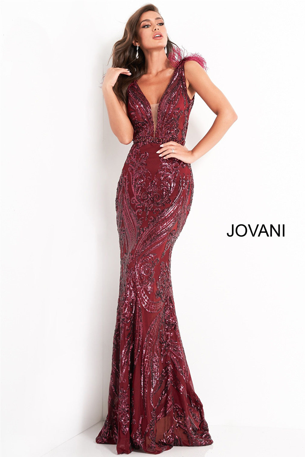 Merlot feather shoulders Jovani dress 3180