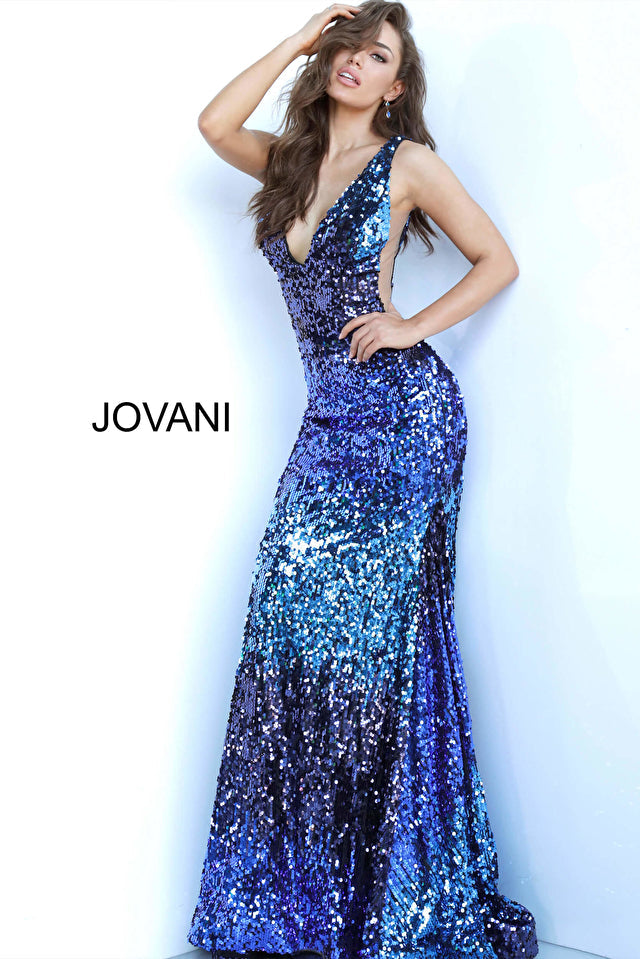 Blue Multi Sequin Plunging V Neck Jovani Dress 3192