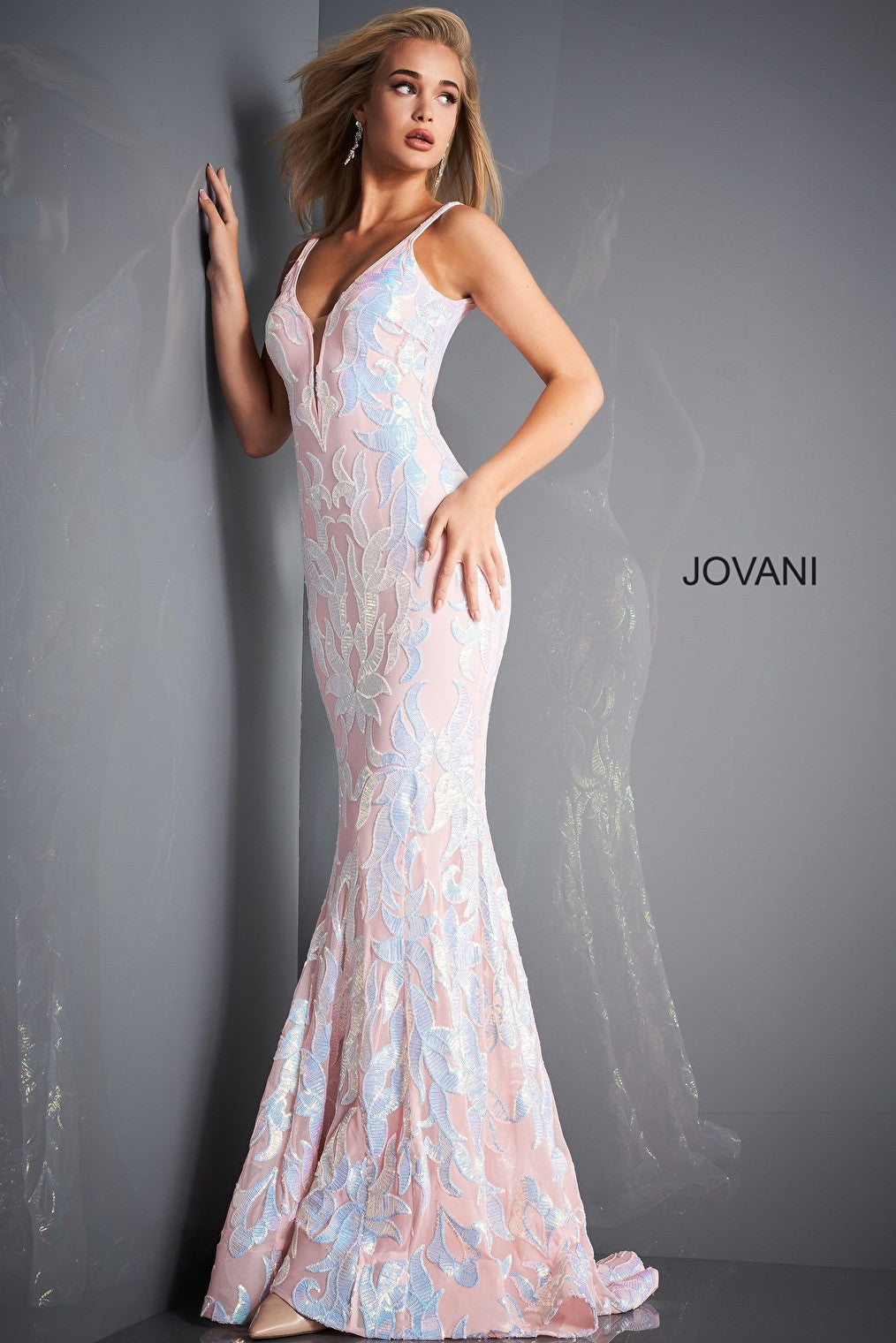 Light pink plunging neck Jovani prom dress 3263