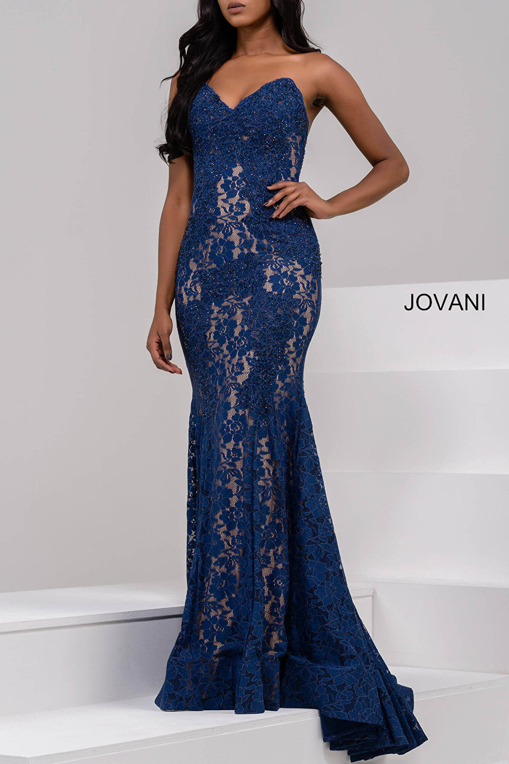 Navy nude underlay sweep train prom dress 37334