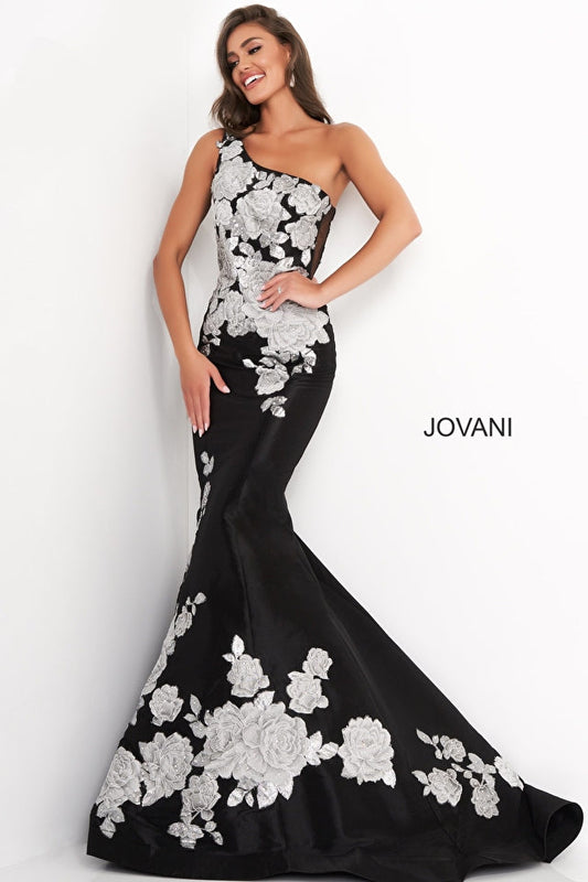 Jovani 3918 Black Silver Floral One Shoulder Evening Dress