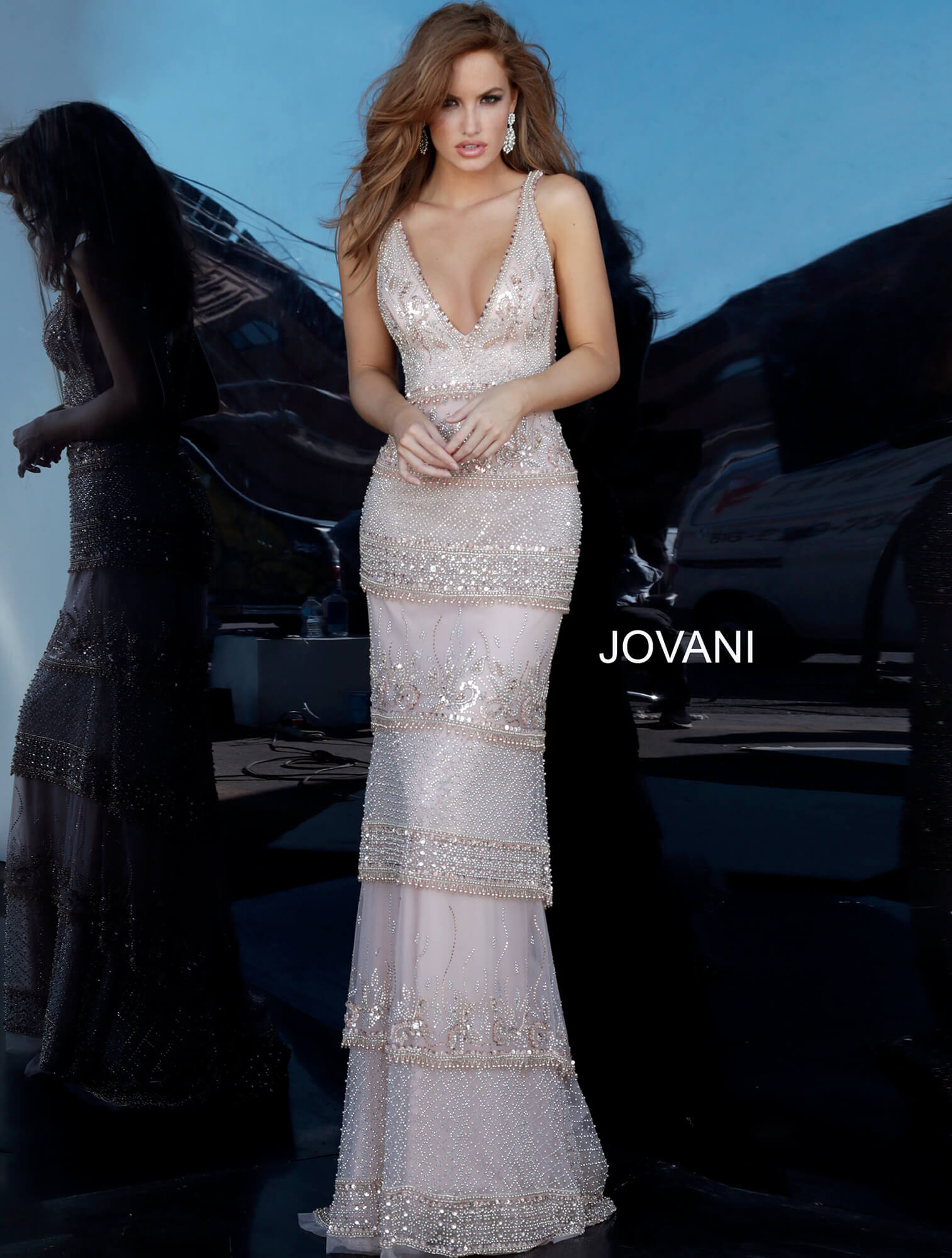 Rose gold plunging neckline evening dress Jovani 4099