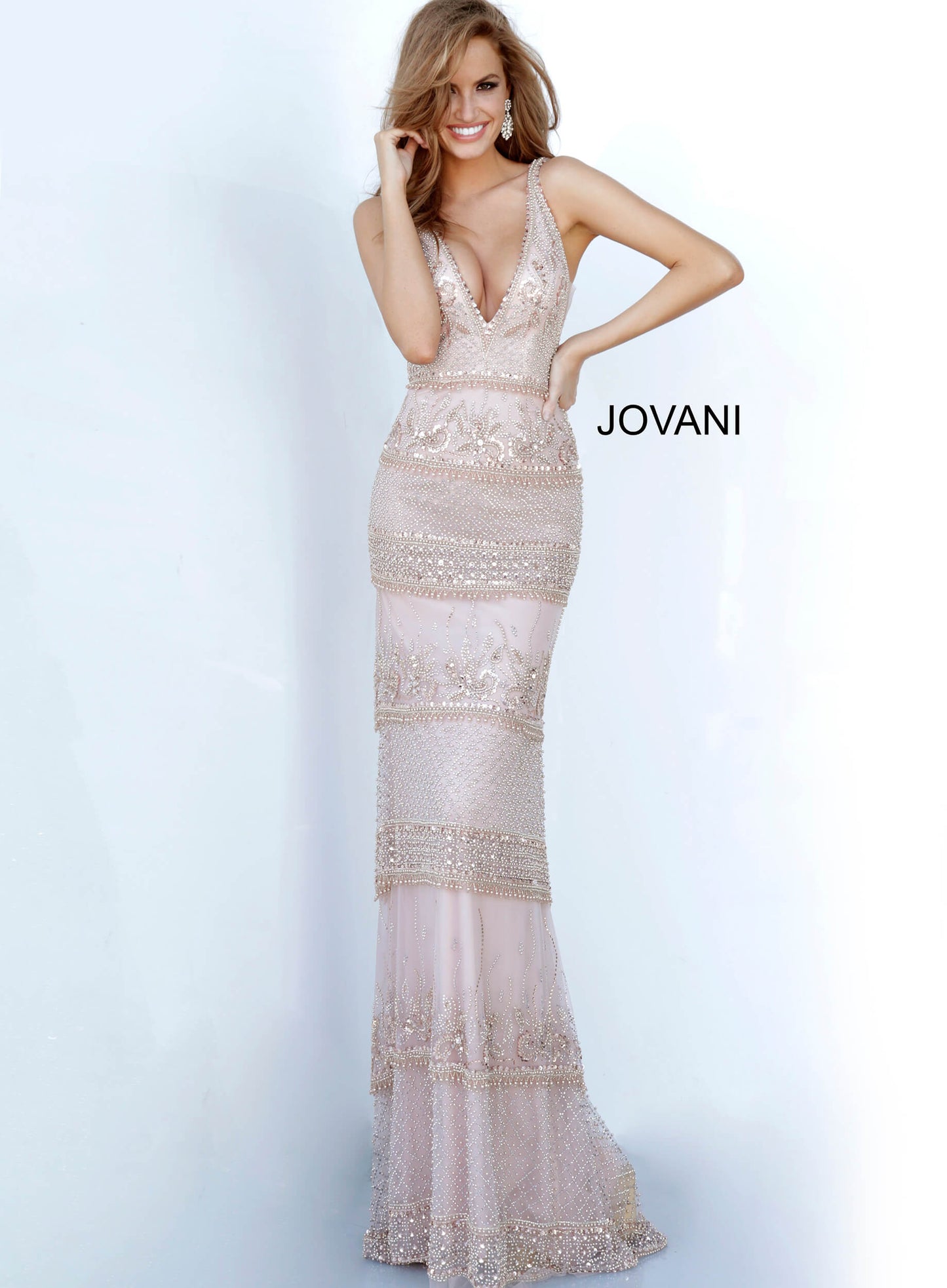 Rose gold form fitting beaded dress Jovani 4099