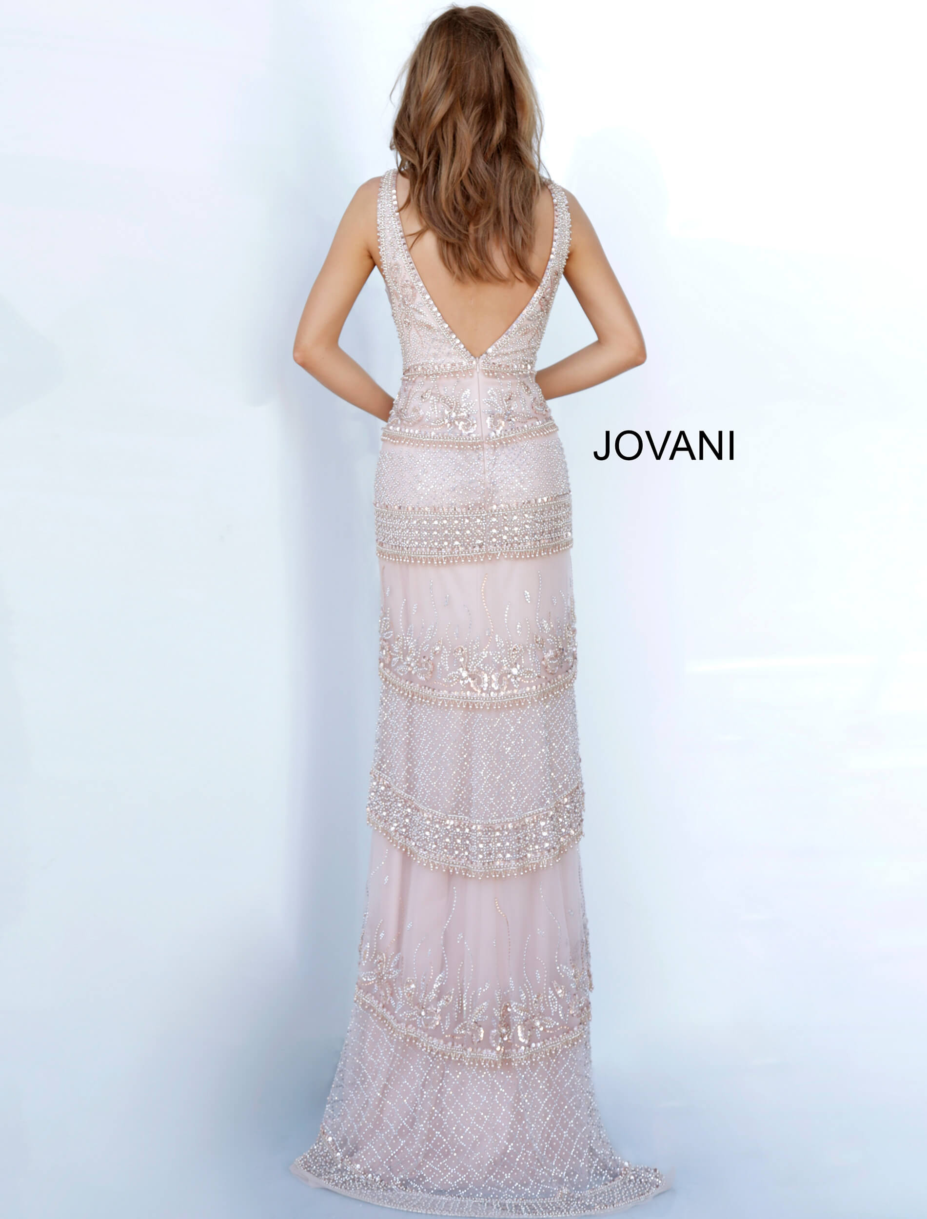 Rose gold V back evening dress Jovani 4099