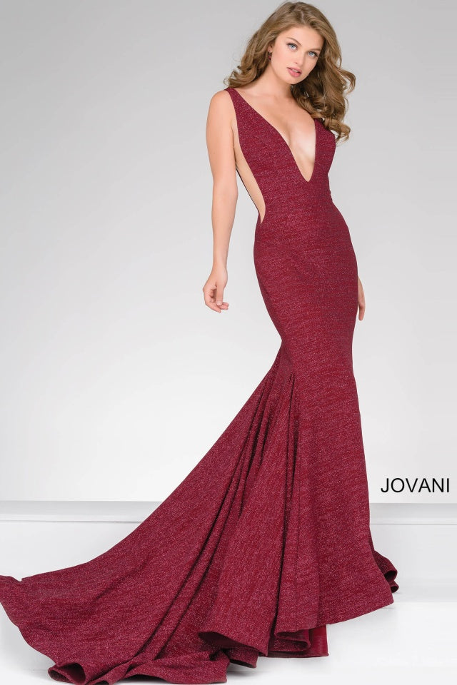 Burgundy Fitted Jovani Prom Gown 47075