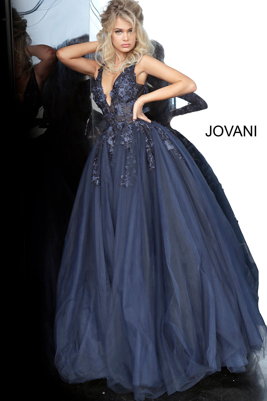 navy black plunging neck ballgown 55634