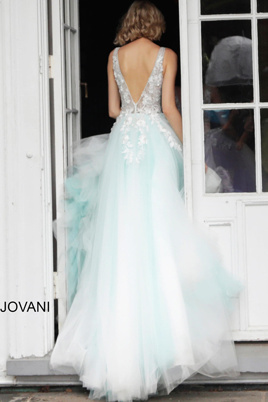 off white light blue v back prom ballgown 55634 back view