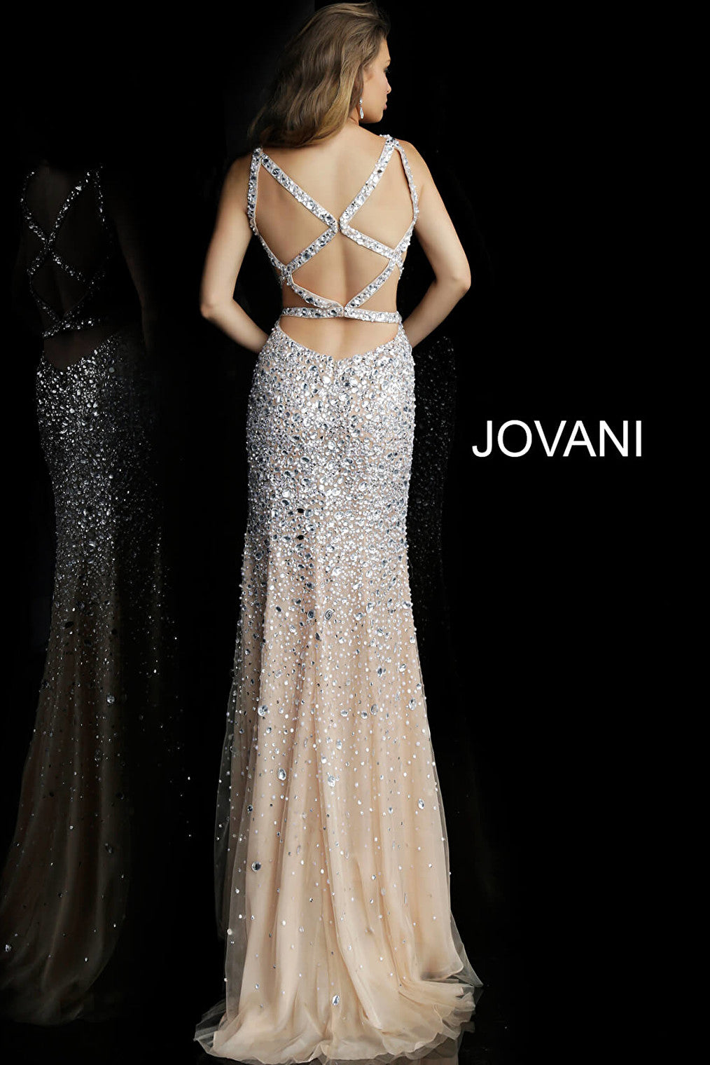 nude crystal embellished criss cross back prom dress 59846