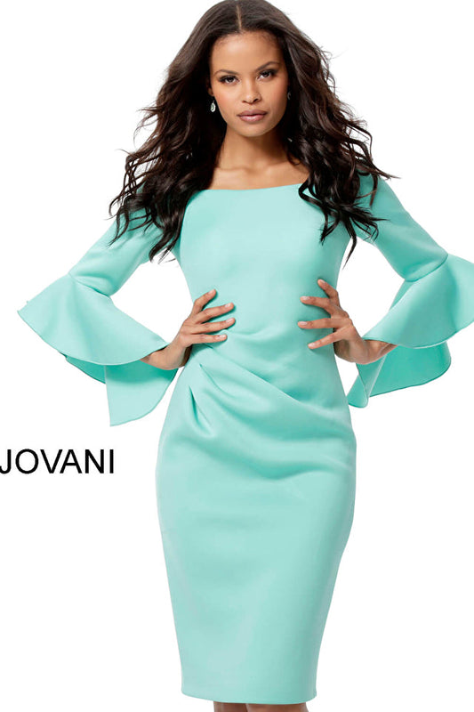 Jovani 59992 Aqua Scuba Bell Sleeve Knee Length Dress