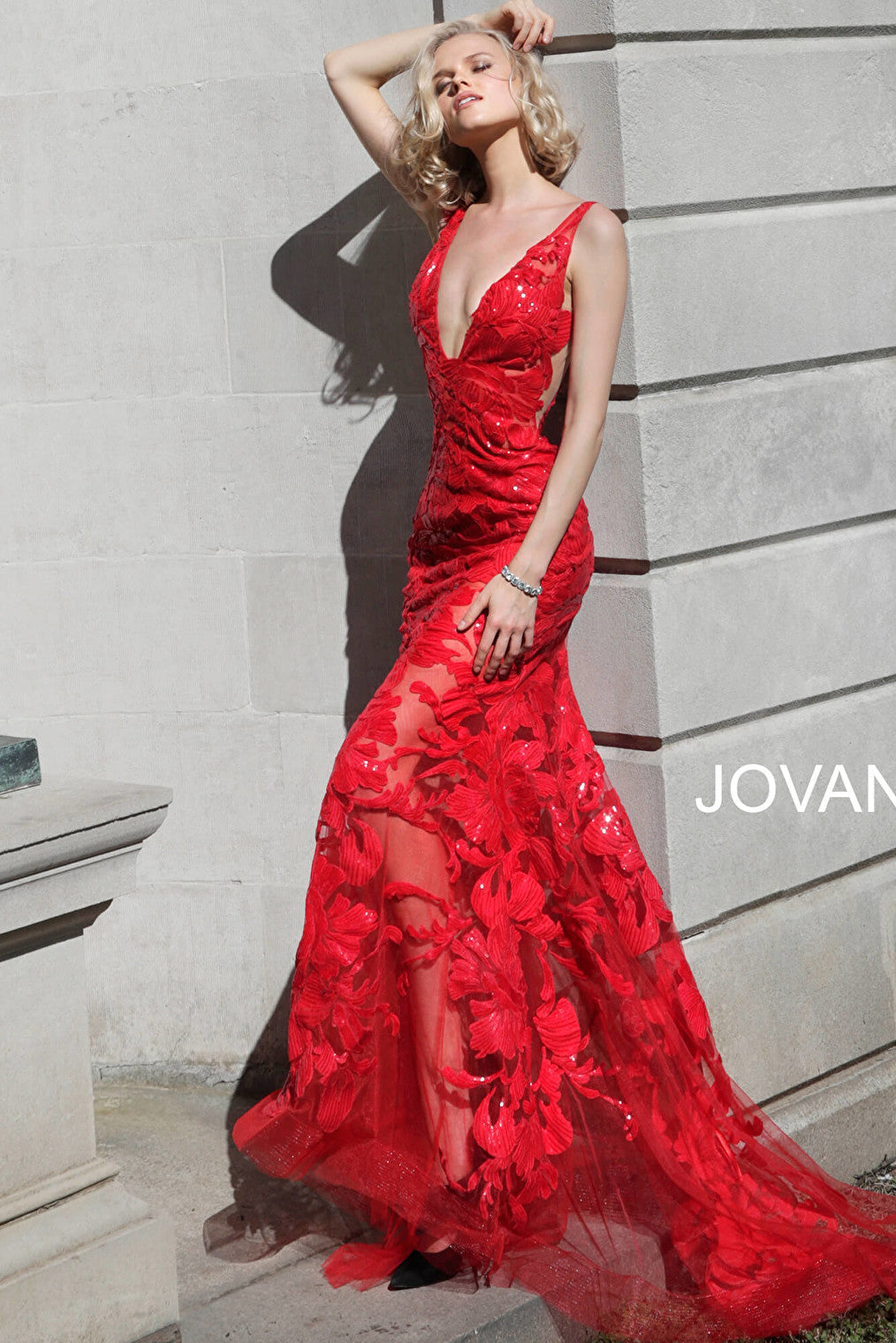 Jovani red embellished sheer prom gown 60283