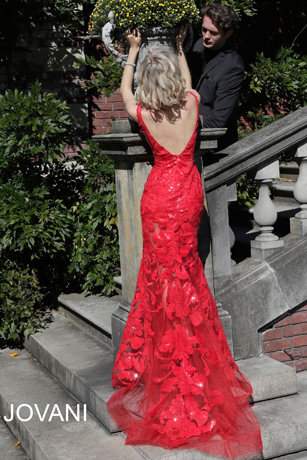 Red open back sequin Jovani dress 60283