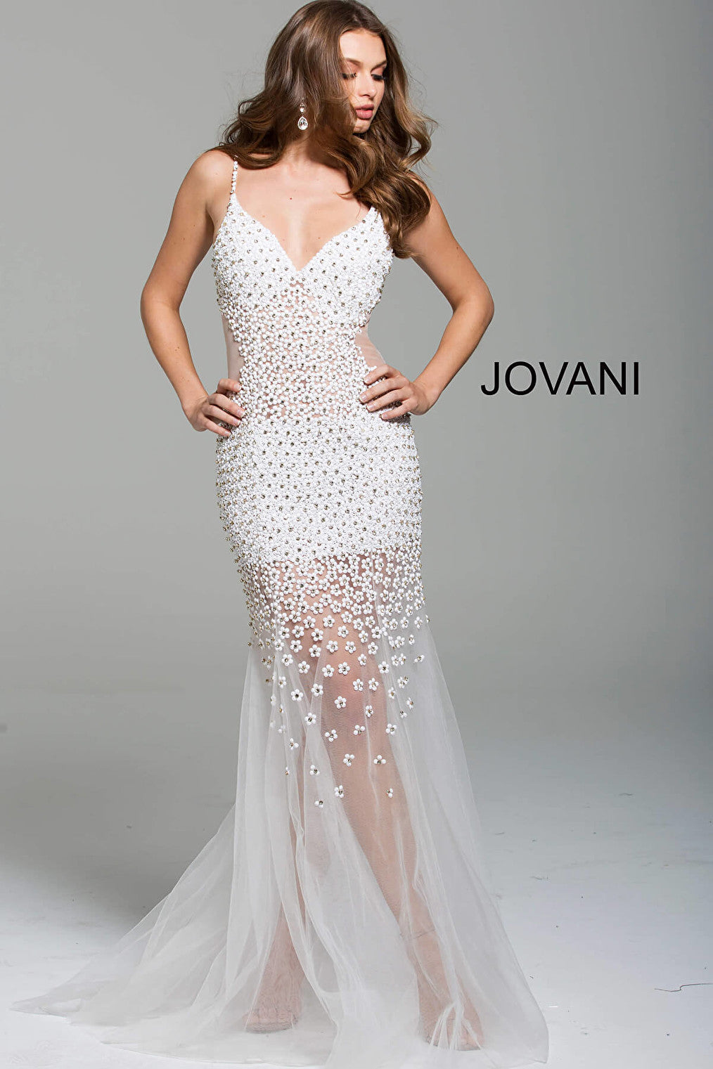 off white plunging neckline sheer prom dress 60695