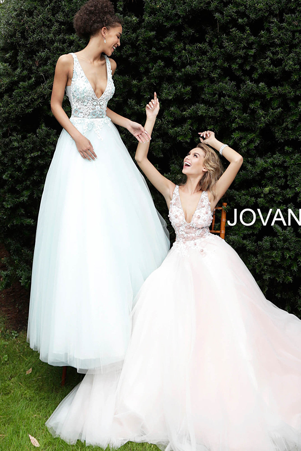 Jovani blush plunging neck A-line prom dress 61109