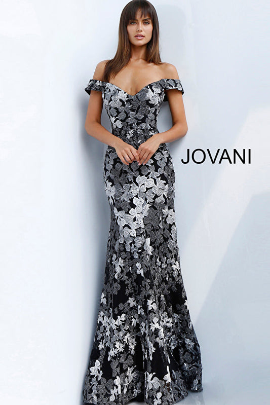 Jovani 61380 Black Grey Floral Embroidered Off the Shoulder Evening Dress