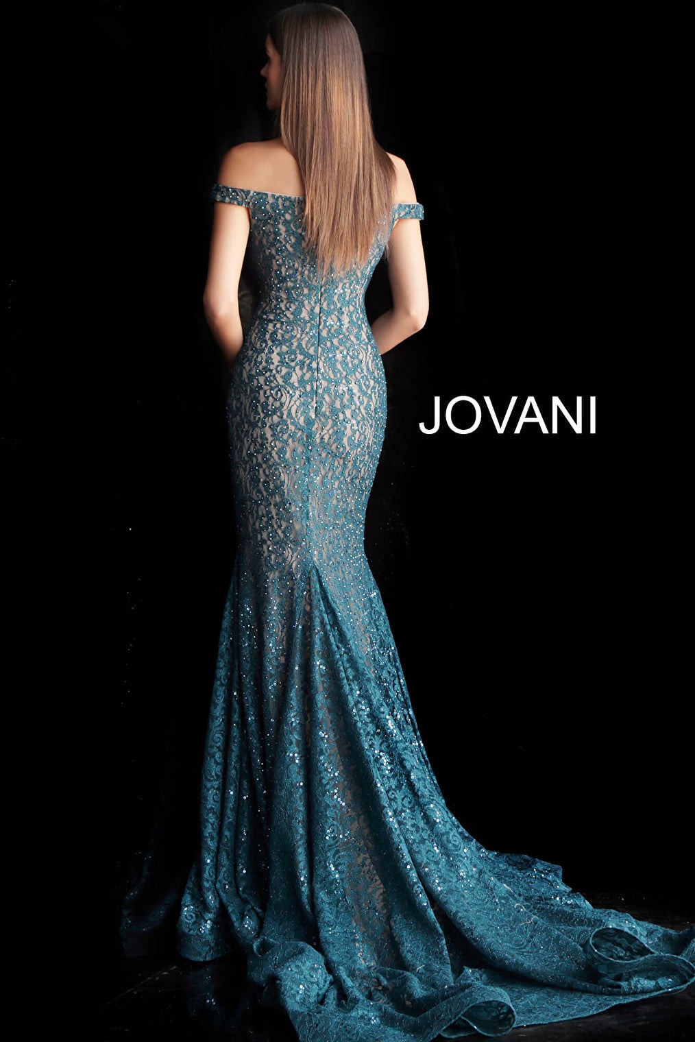 Peacock back view beaded long train dress 64521