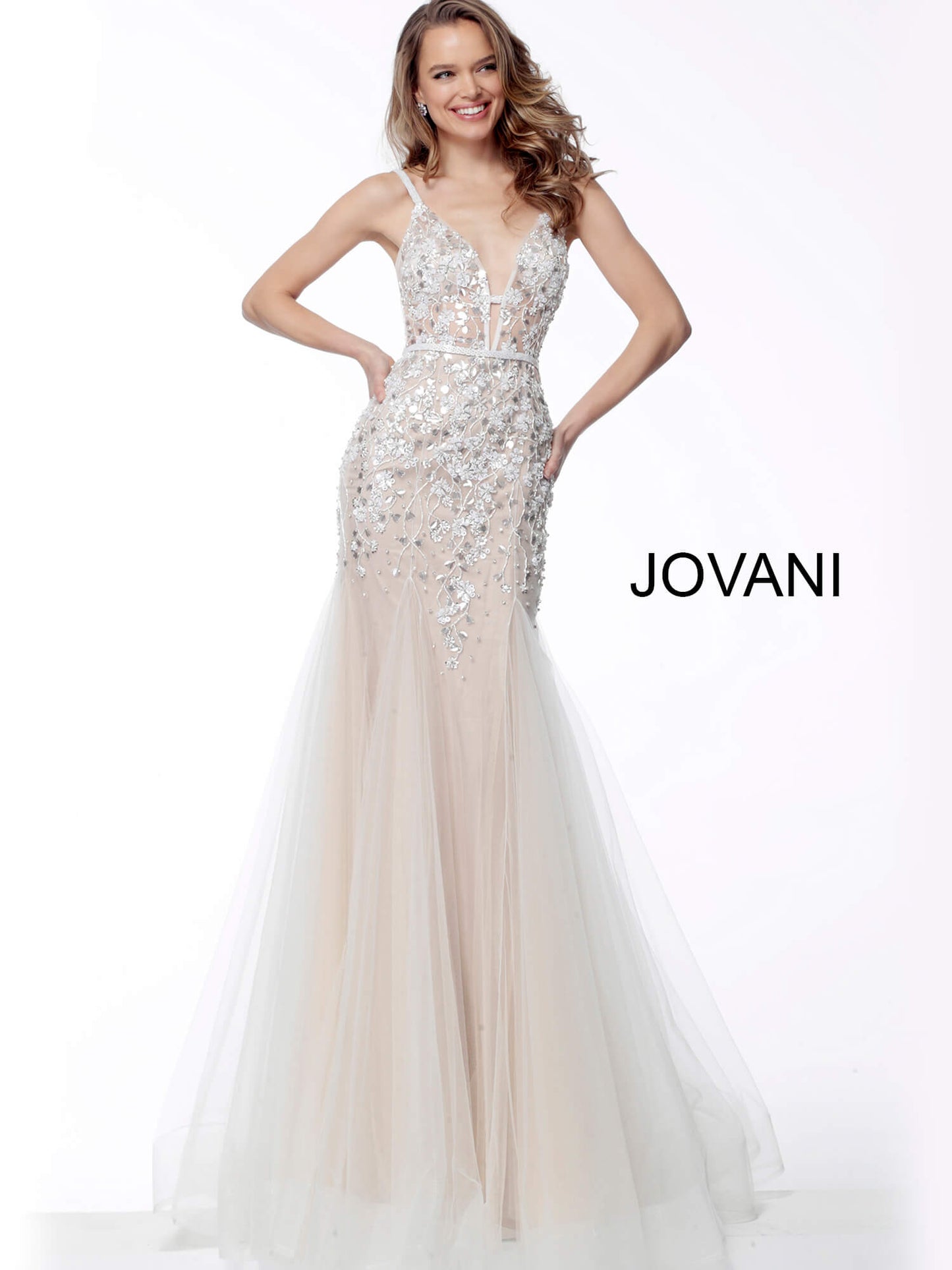 Jovani 65325 Nude Plunging Neckline Beaded Evening Dress