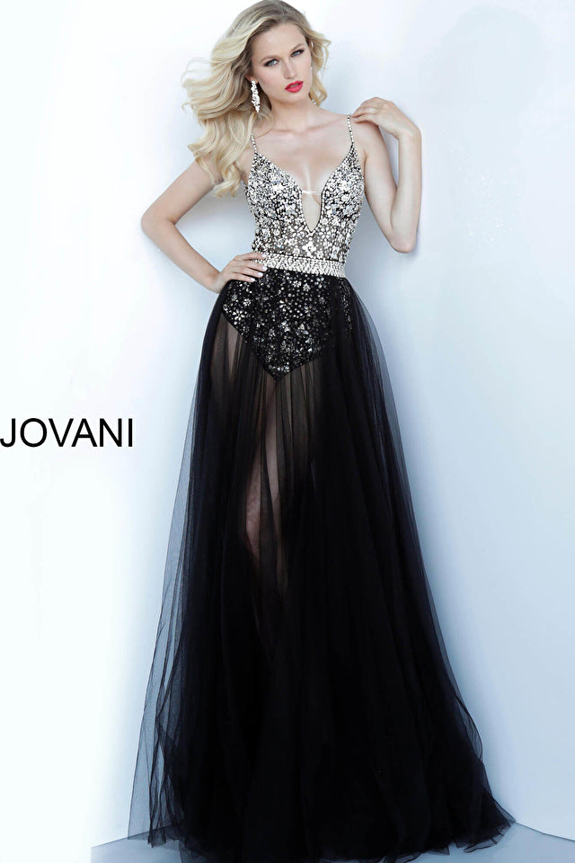 Jovani 65381 Black Sheer Skirt Embellished Dress