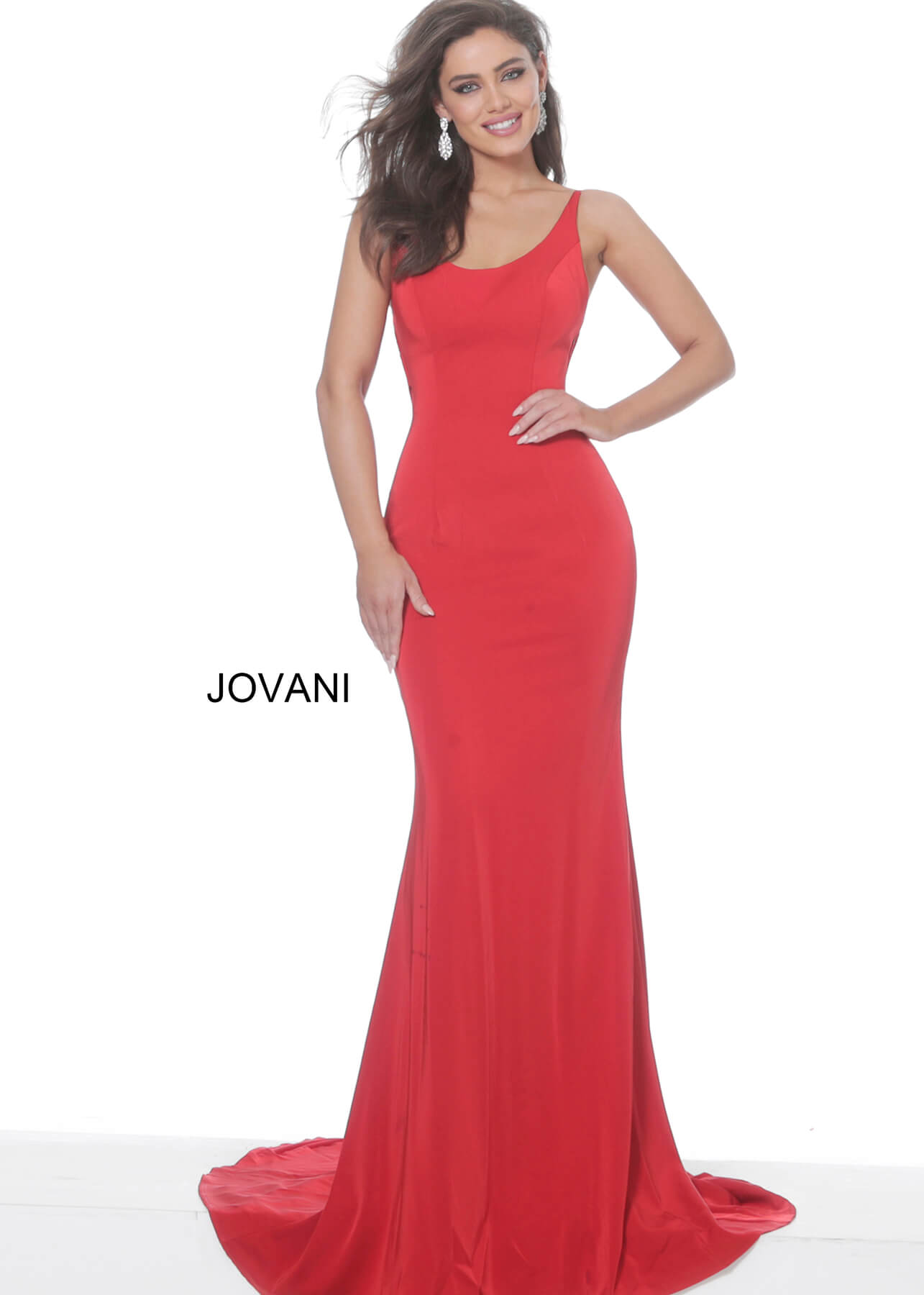 Red spaghetti strap evening dress Jovani 66087