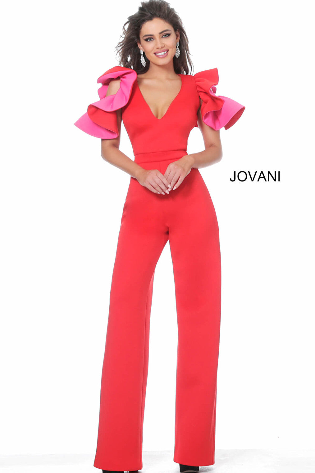 Red fuchsia V neck evening jumpsuit 68736