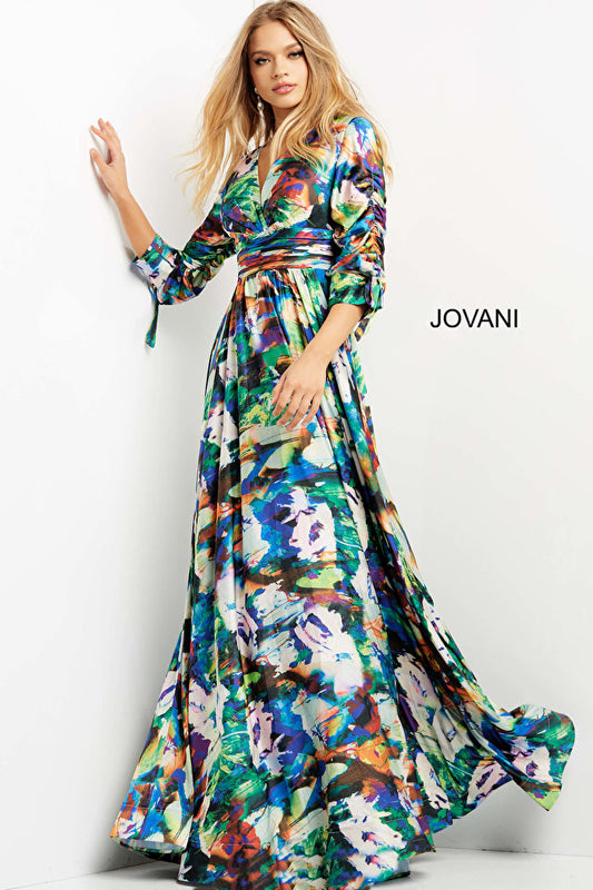 Jovani 08584 Print V Neck Three Quarter Sleeve Prom Gown